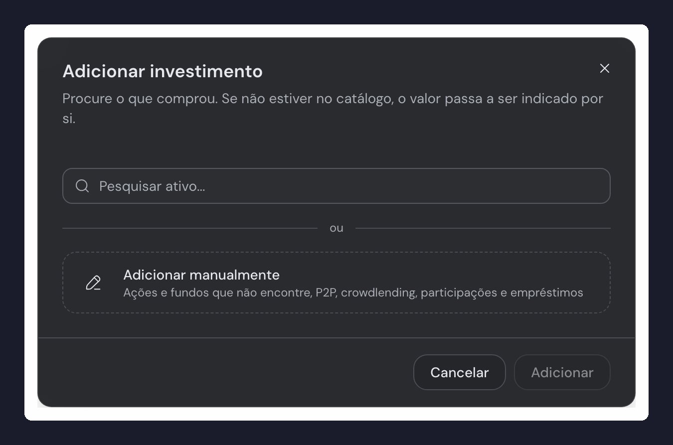 A janela "Adicionar investimento", com a caixa "Pesquisar ativo…" vazia e, por baixo de um "ou", o cartão tracejado "Adicionar manualmente" para ações e fundos que não encontre, P2P, crowdlending, participações e empréstimos; em rodapé, Cancelar e Adicionar.