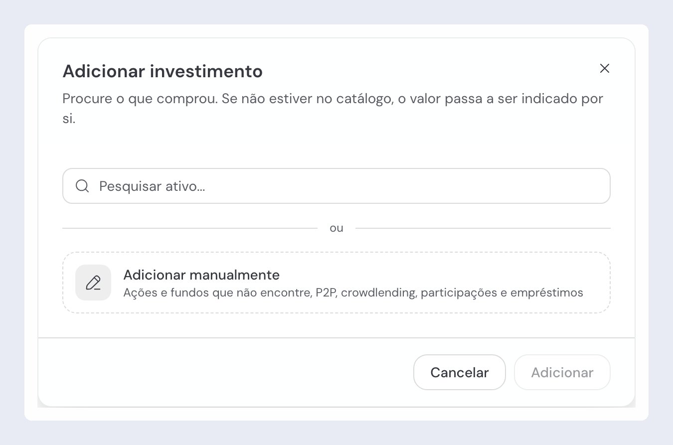 A janela "Adicionar investimento", com a caixa "Pesquisar ativo…" vazia e, por baixo de um "ou", o cartão tracejado "Adicionar manualmente" para ações e fundos que não encontre, P2P, crowdlending, participações e empréstimos; em rodapé, Cancelar e Adicionar.