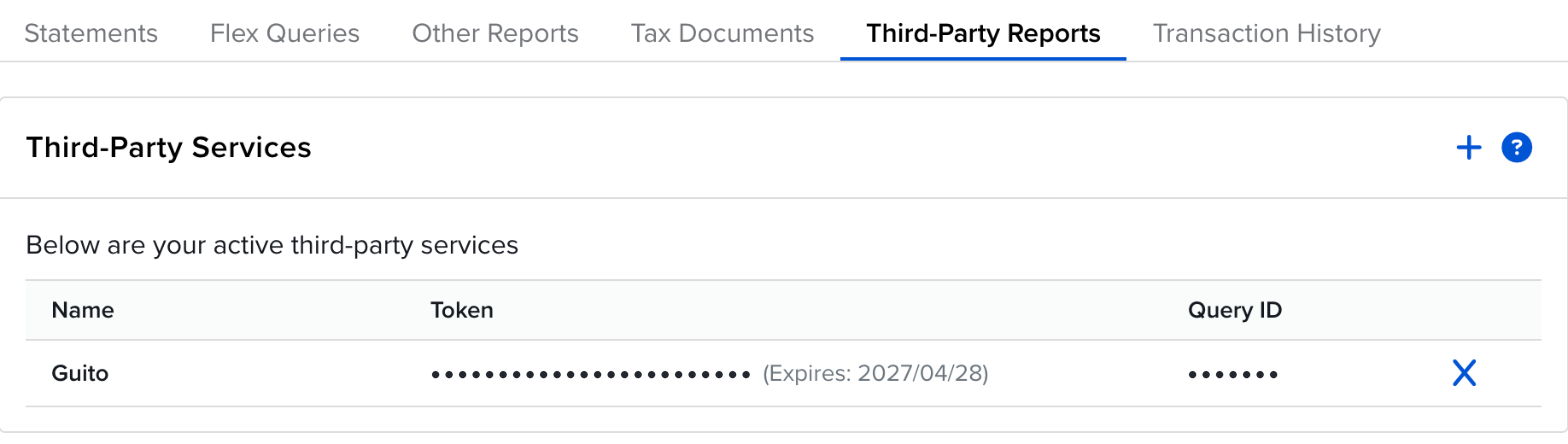 Tabela de serviços de terceiros no Client Portal, com as colunas Token e Query ID da linha do guito
