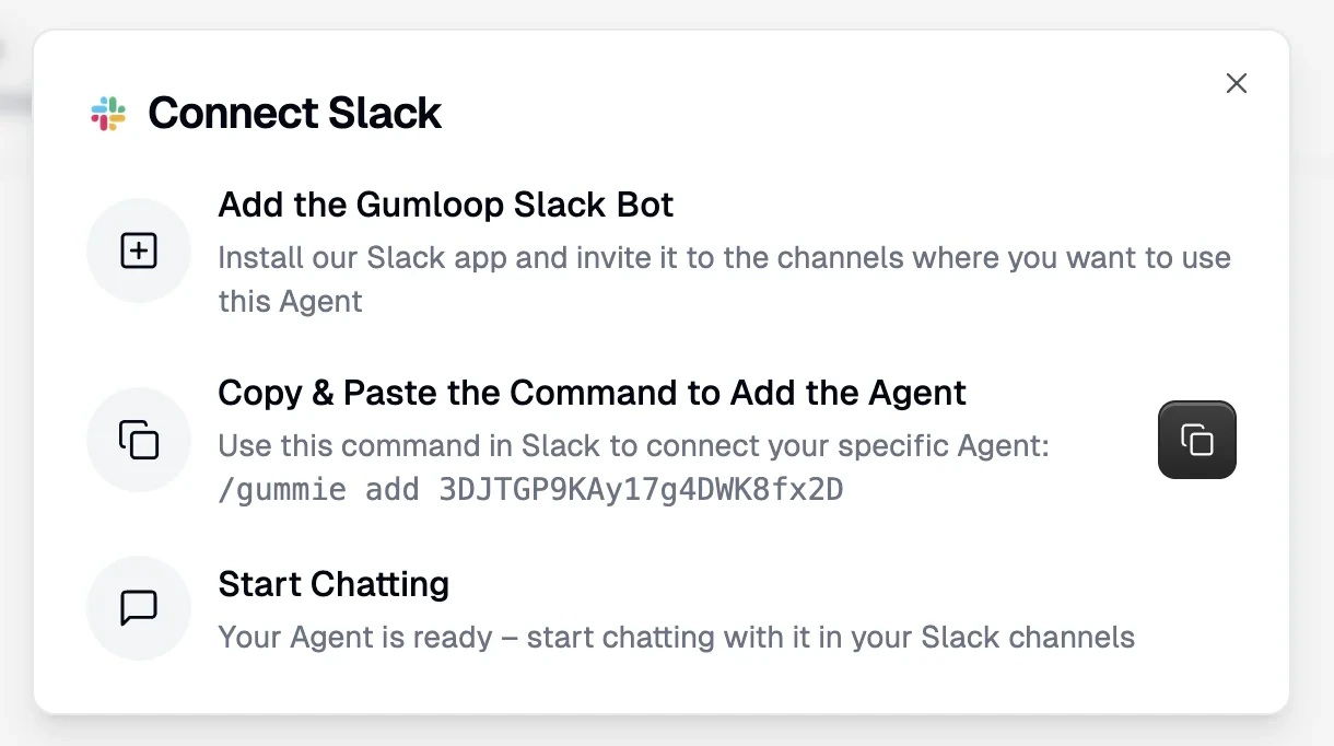 Connect Slack dialog showing the three setup steps
