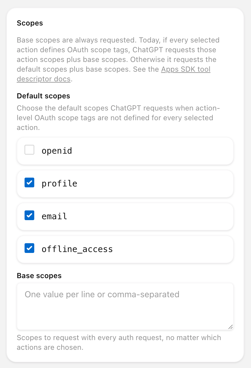 ChatGPT connector Default scopes panel with openid unchecked and profile, email, and offline_access checked