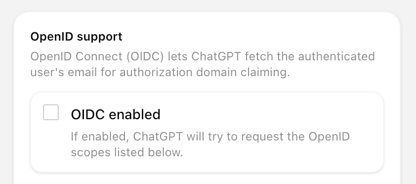 ChatGPT connector Advanced settings showing the OpenID support section with the OIDC enabled checkbox unchecked