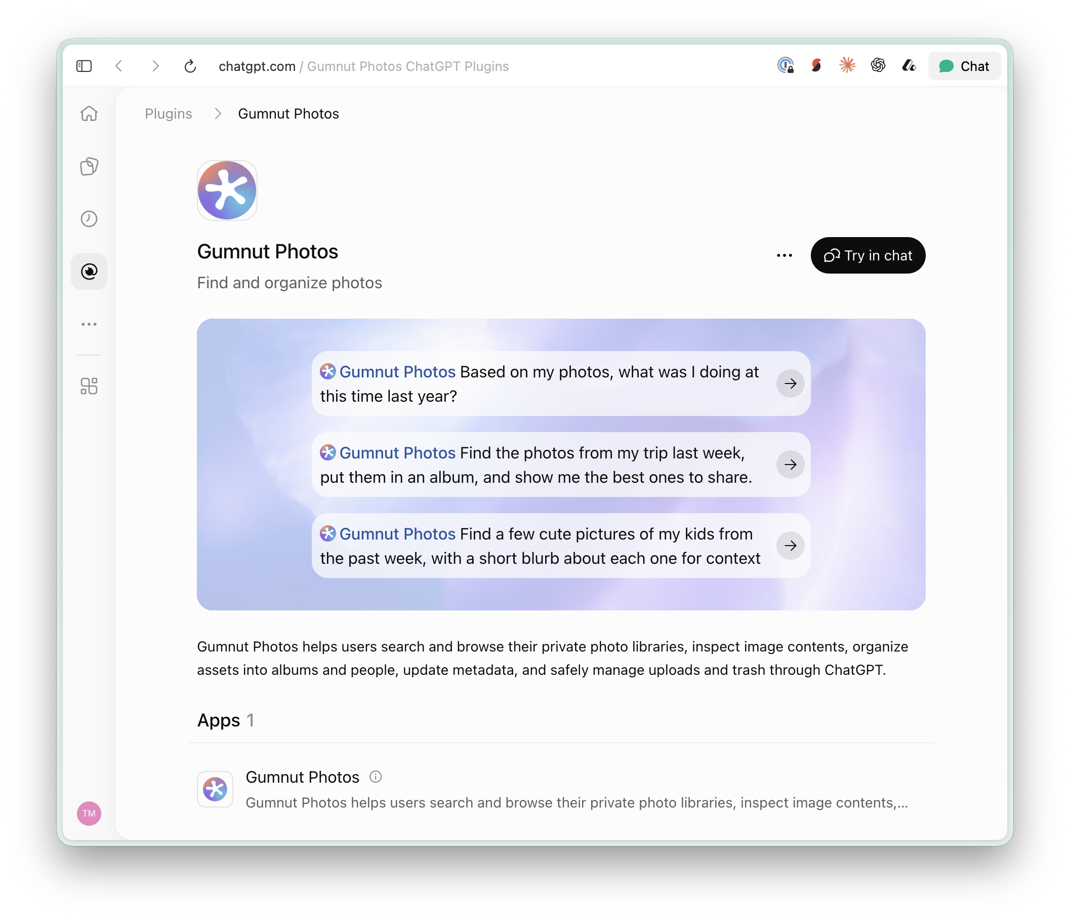 ChatGPT plugin page for Gumnut Photos with example prompts for finding and organizing photos