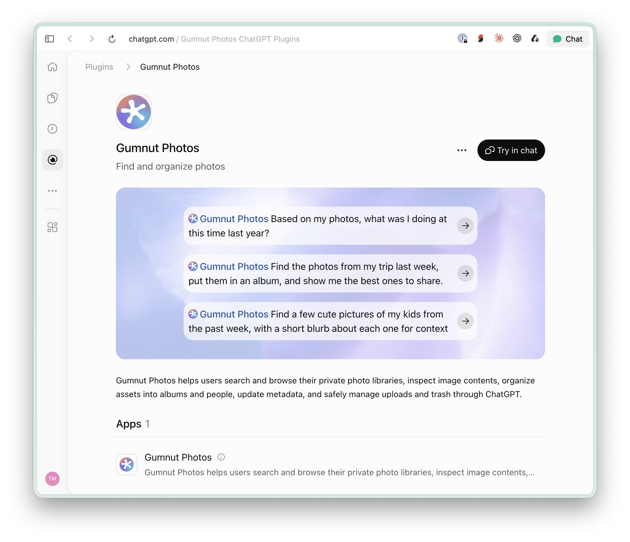 ChatGPT plugin page for Gumnut Photos with example prompts for finding and organizing photos
