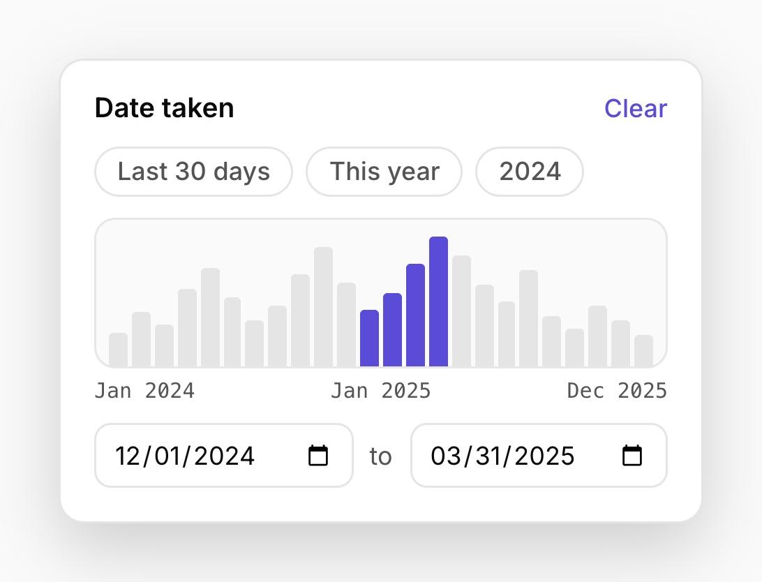 Illustrative Date taken panel with a histogram and start and end date inputs