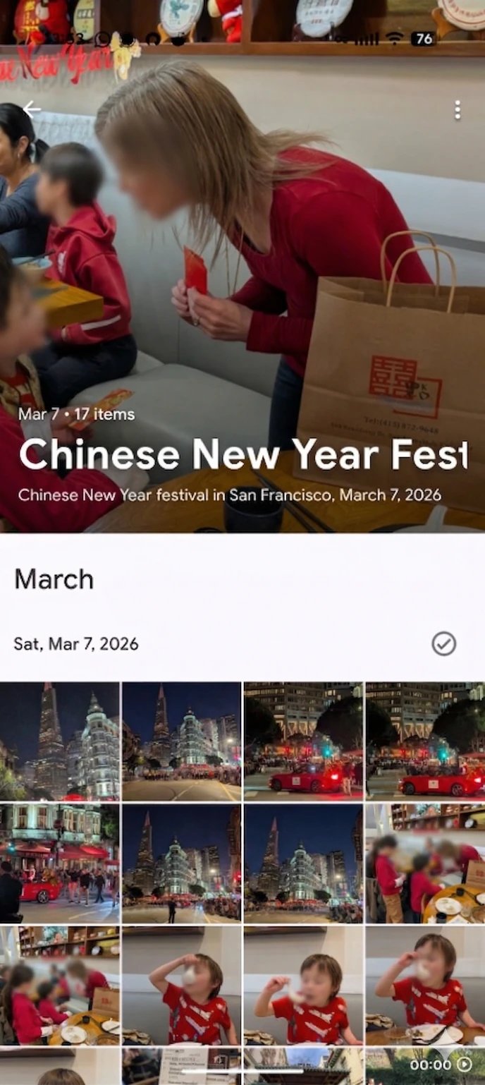 Immich mobile album with a cover, title, description, and grid of photos and videos