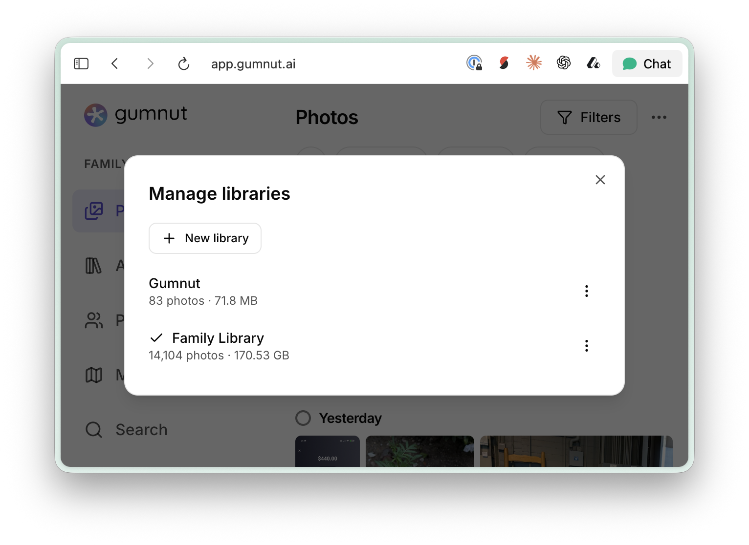 Manage libraries dialog listing two libraries with Family Library selected