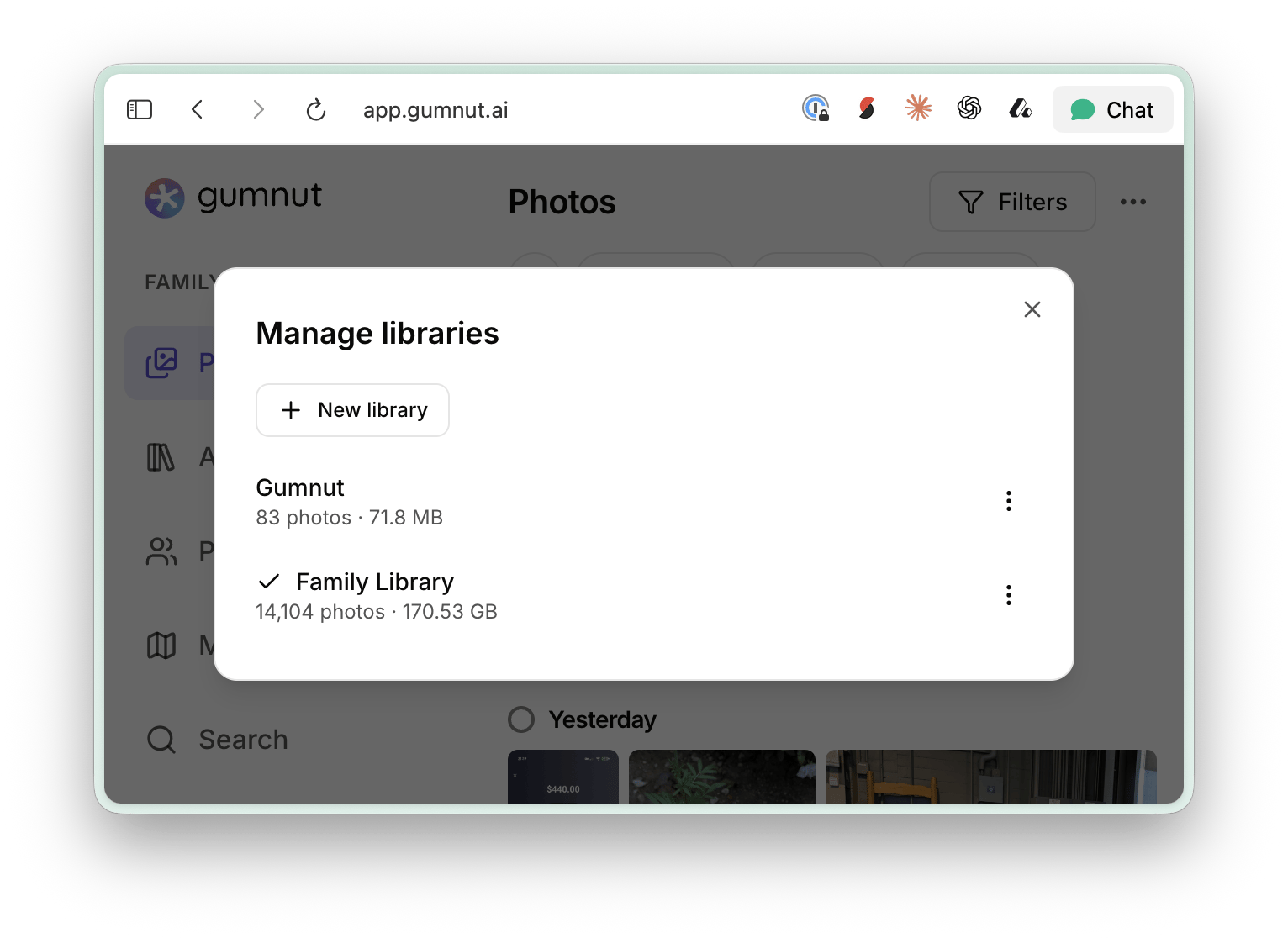 Manage libraries dialog listing two libraries with Family Library selected
