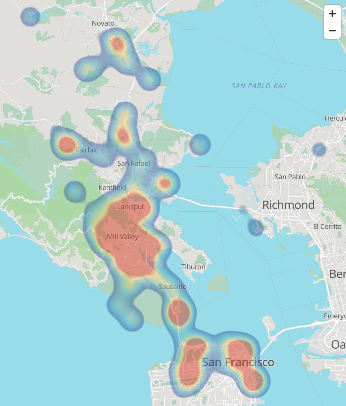 Gumnut map with a heatmap over San Francisco and Marin County