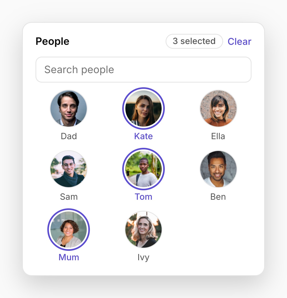 Illustrative People filter with named face portraits and three people selected