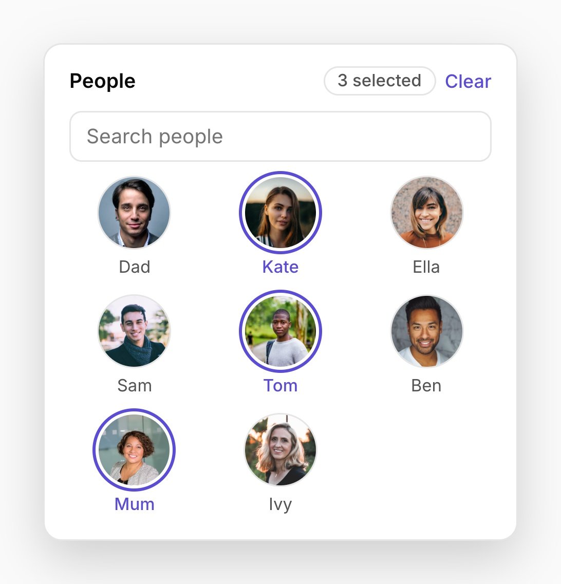 Illustrative People filter with named face portraits and three people selected