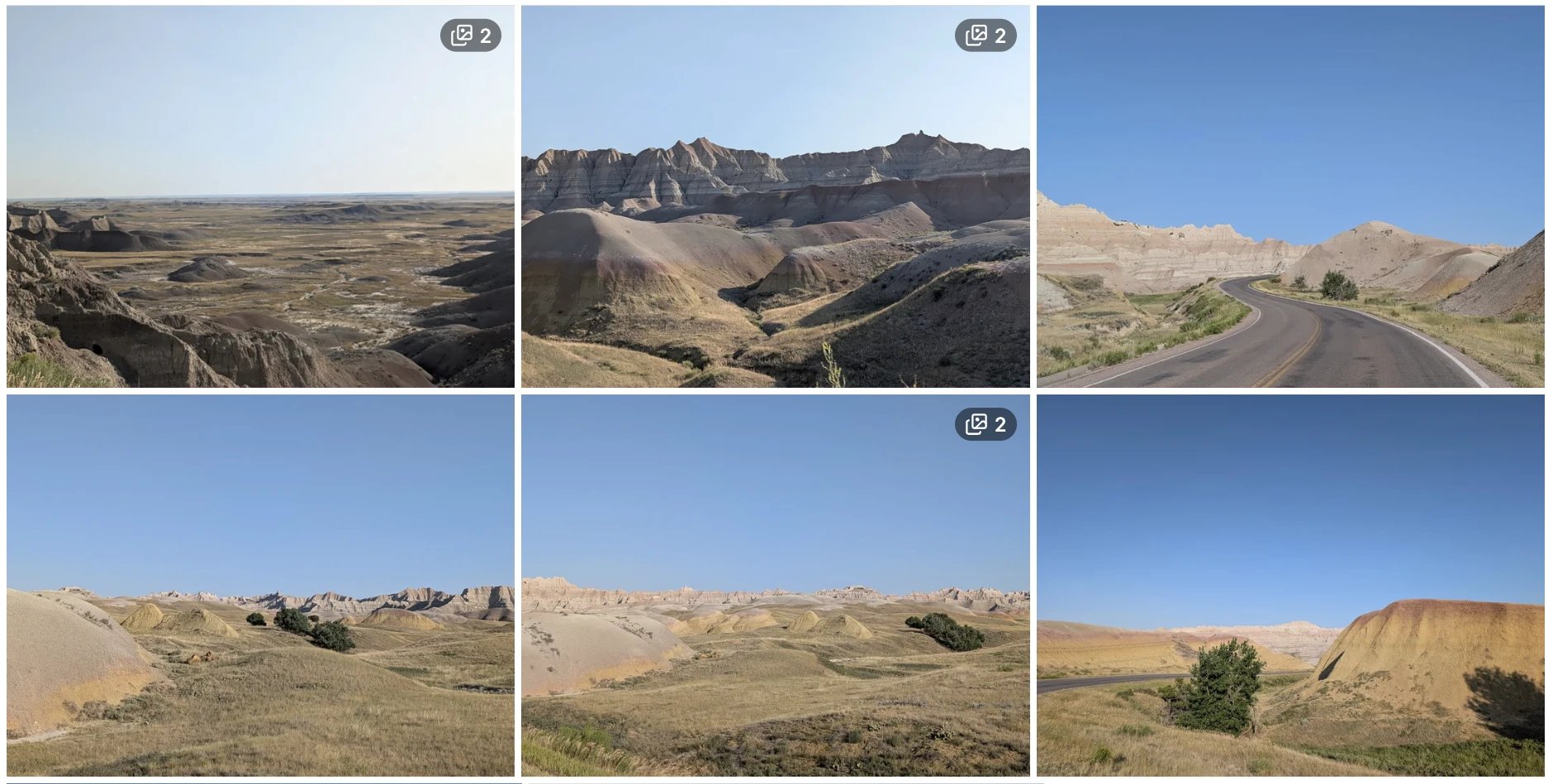 Timeline of landscape photos with three stack covers showing a count of two