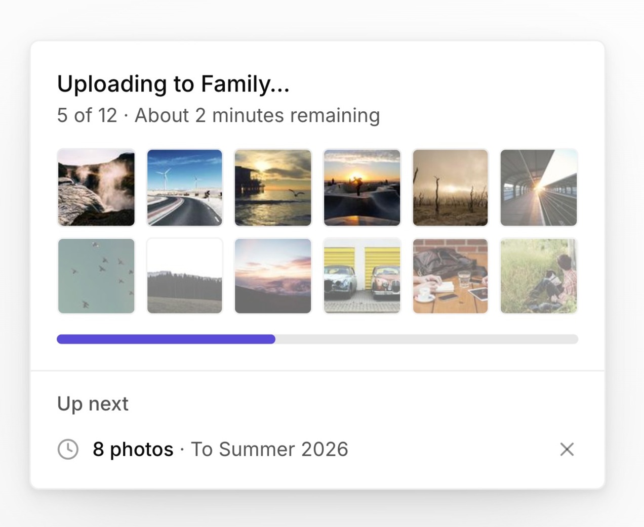 Illustrative upload card showing photo thumbnails, progress, and an Up next batch