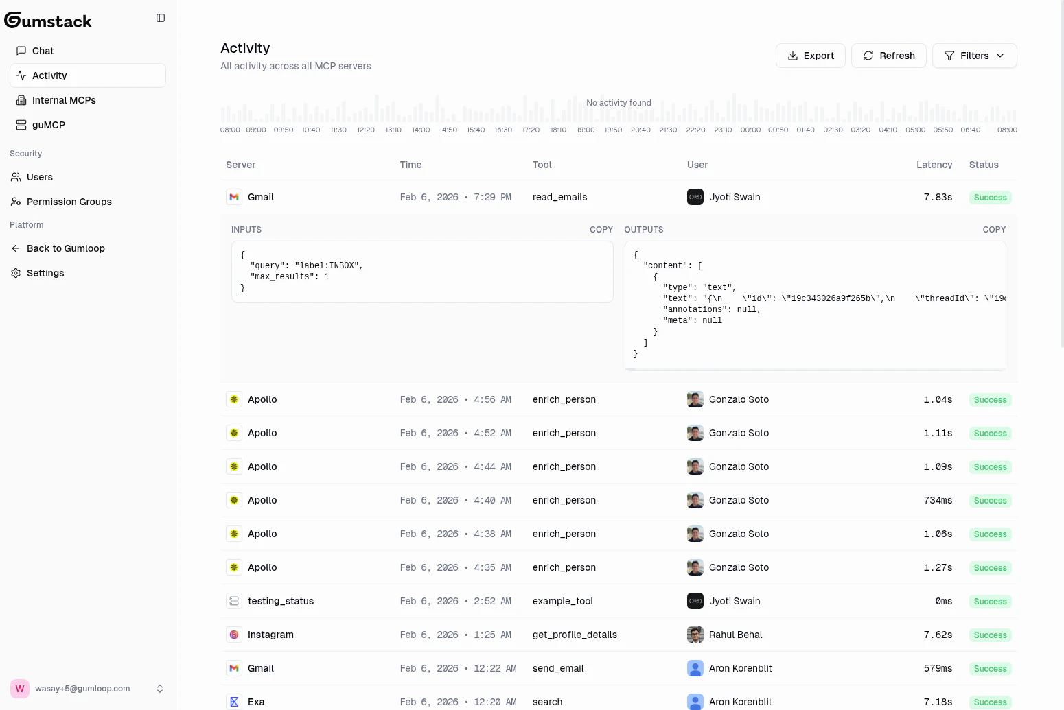 Activity log showing tool call inputs and outputs