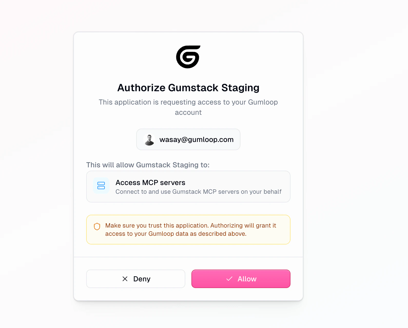 Authorize Gumstack screen requesting access to MCP servers