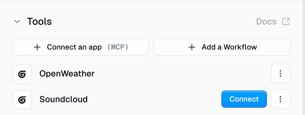 Agent Tools section showing connected Gumstack servers