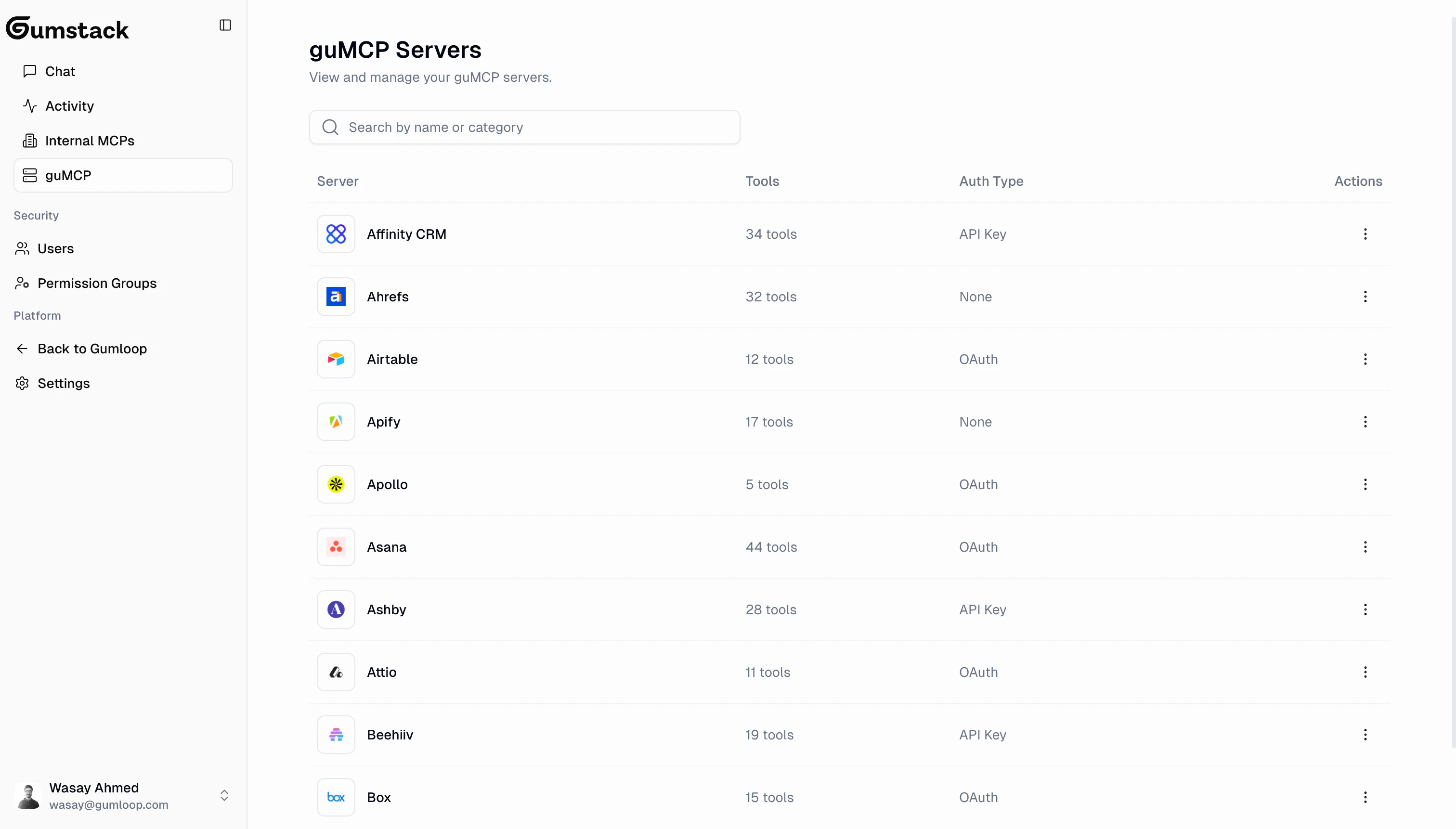 guMCP servers list showing available integrations