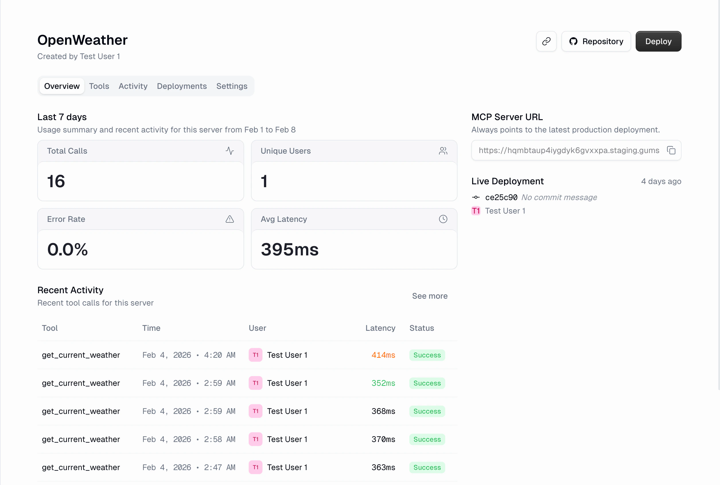 Server detail overview showing the MCP Server URL