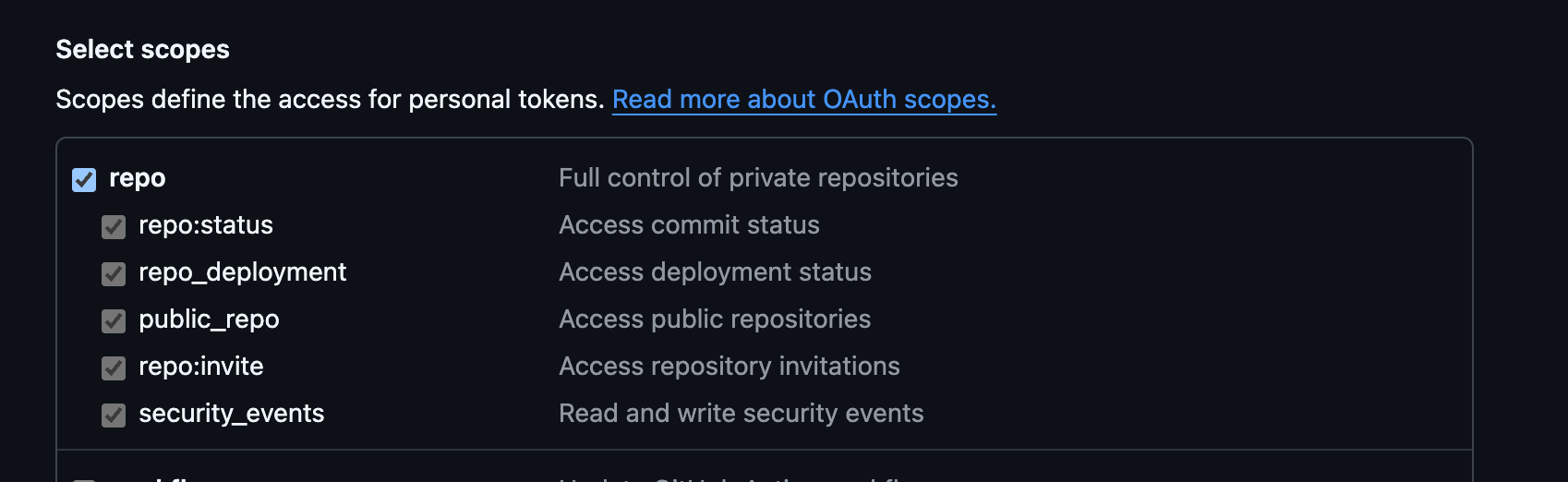GitHub classic token scopes configuration