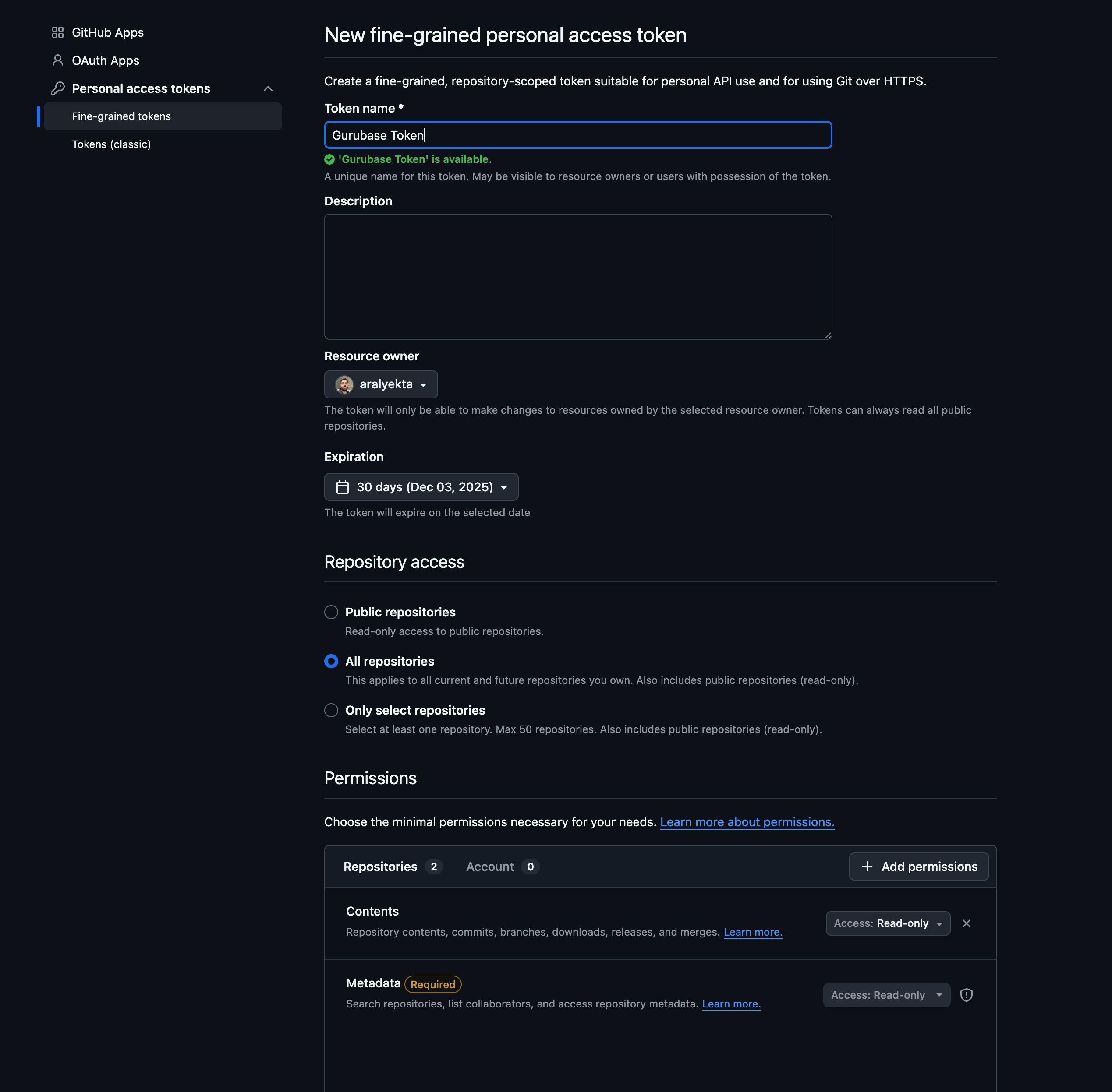 GitHub fine-grained token permissions configuration