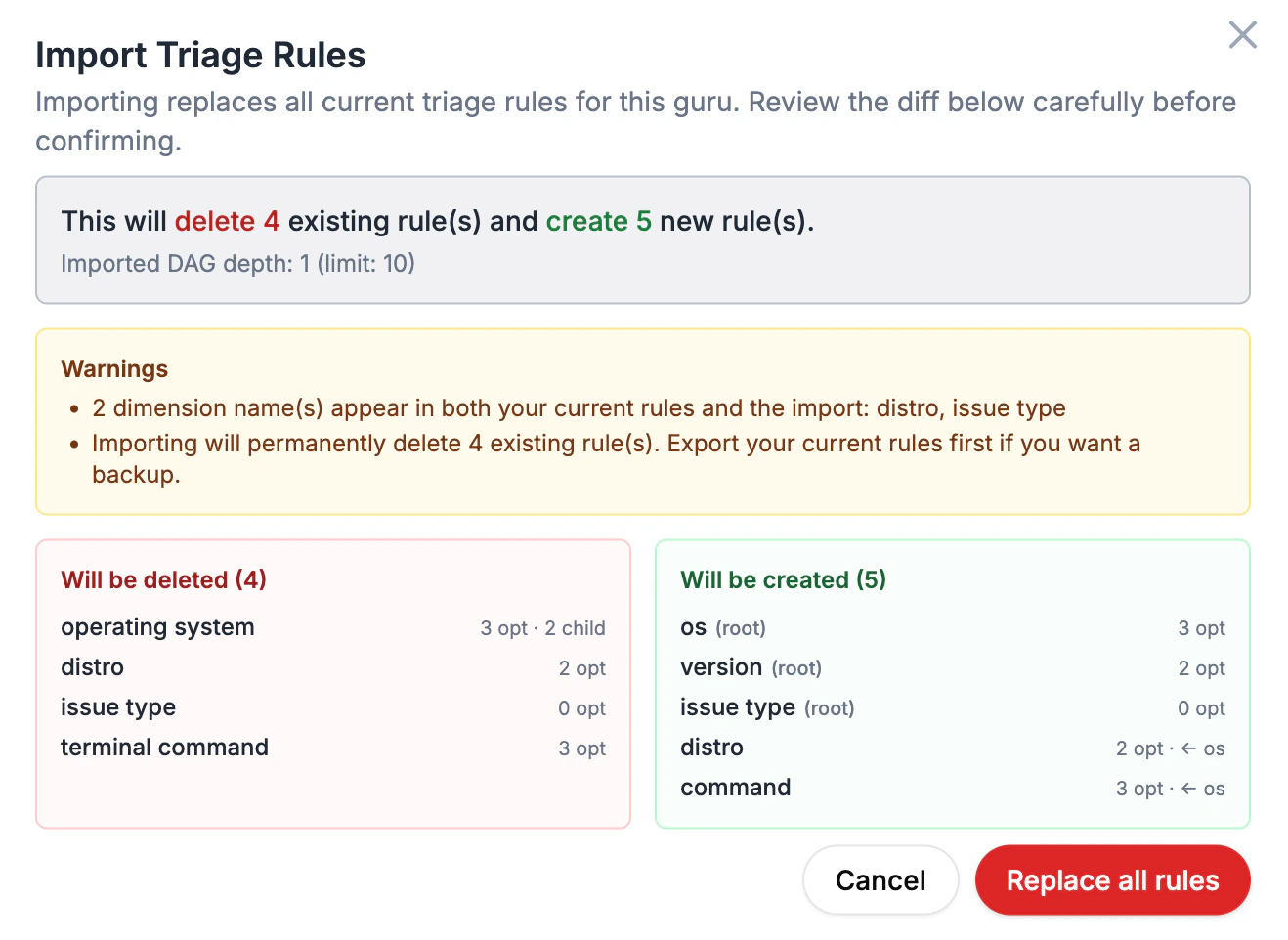 Import Triage Rules dialog showing the diff of rules to delete and rules to create