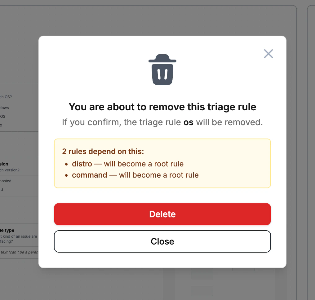 Delete confirmation showing dependent child rules