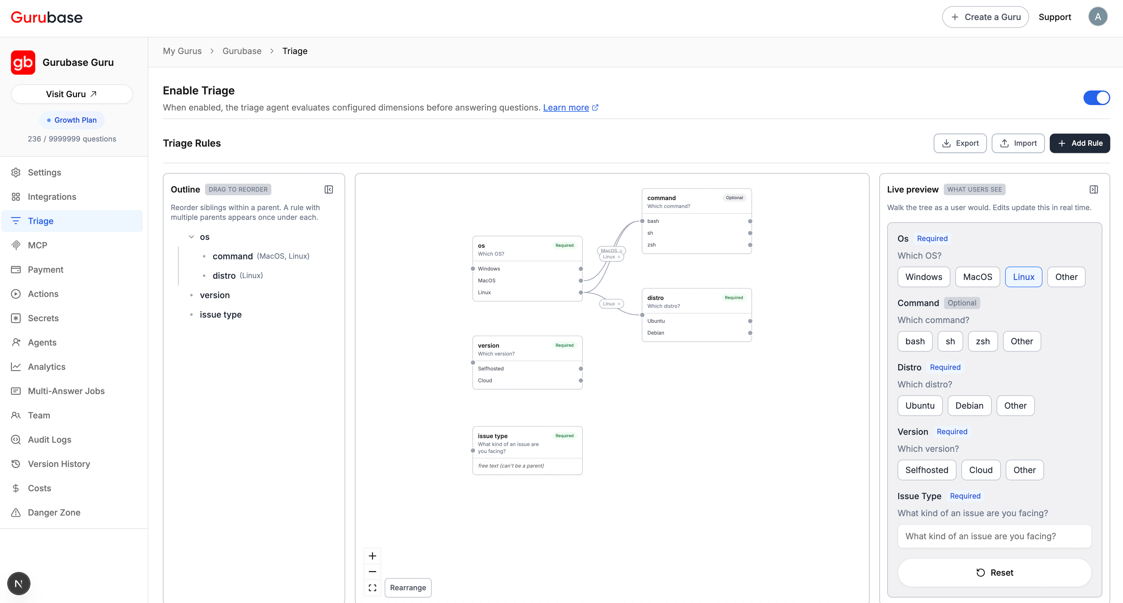 Triage Rules DAG canvas with Live preview