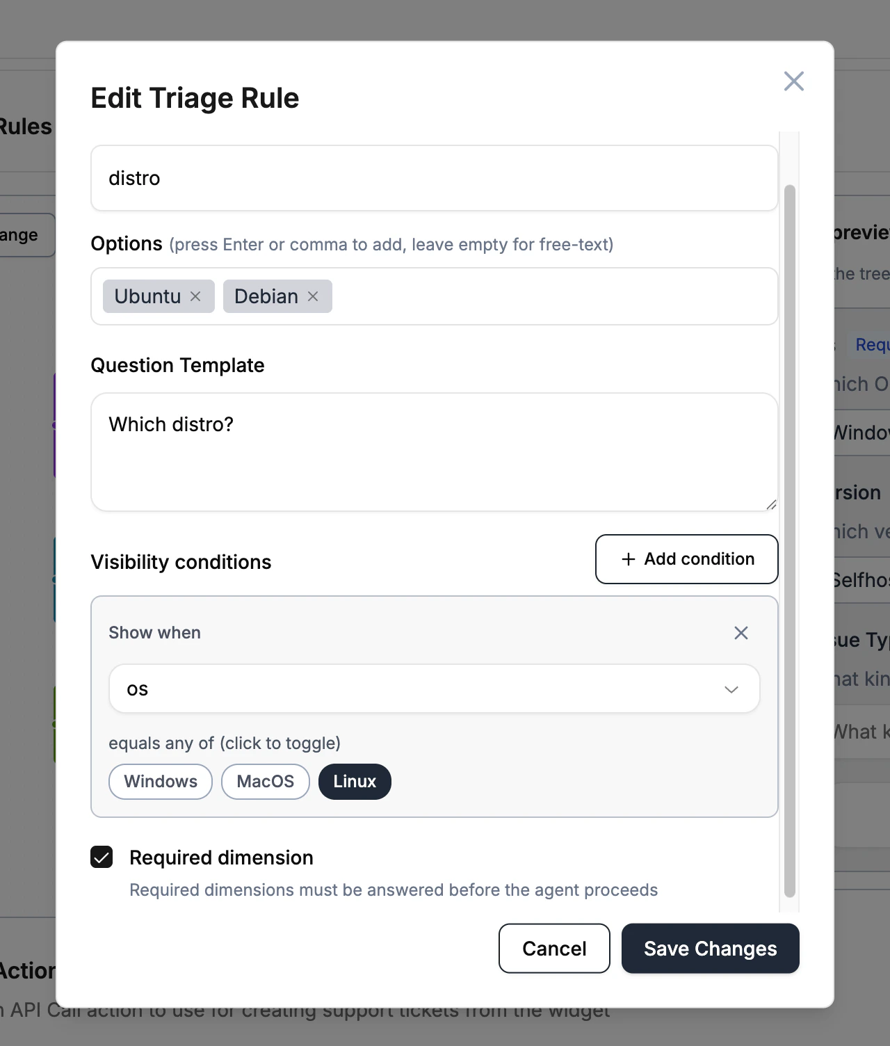 Edit Triage Rule modal with Visibility conditions