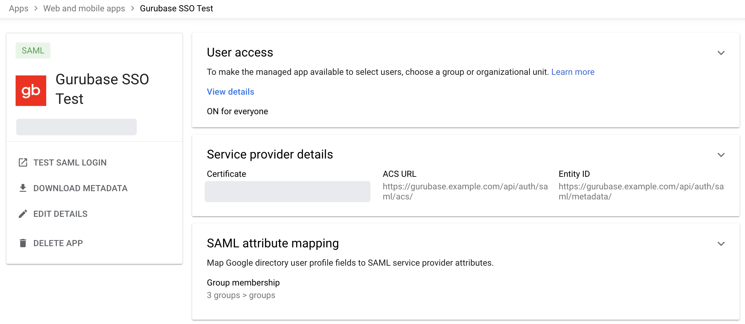 The Gurubase SAML app in Google Admin
