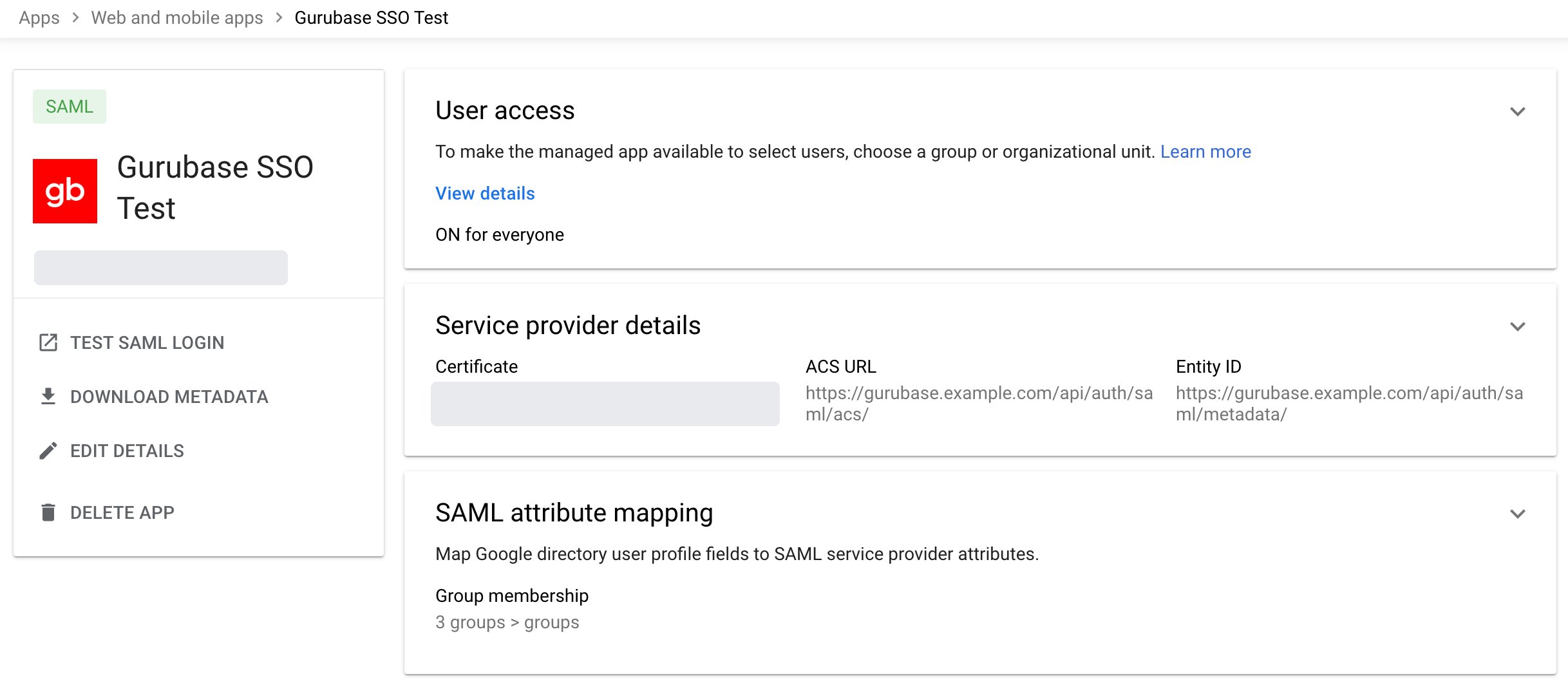 The Gurubase SAML app in Google Admin
