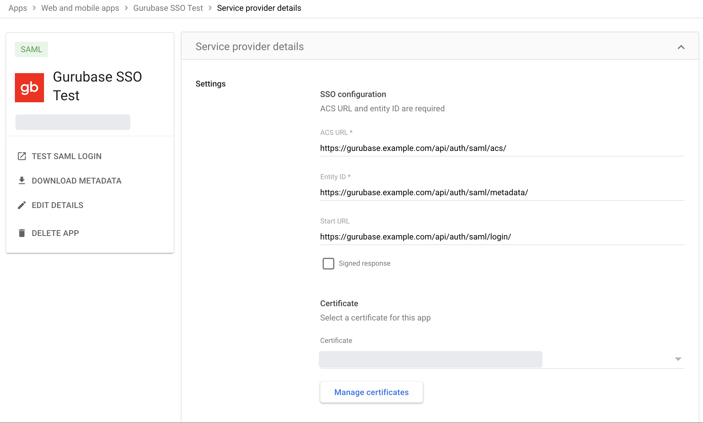 Service provider details in Google Admin
