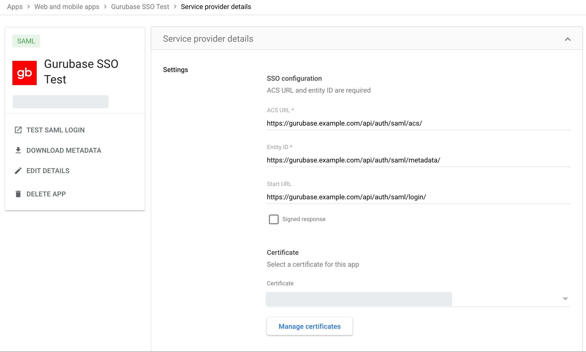 Service provider details in Google Admin