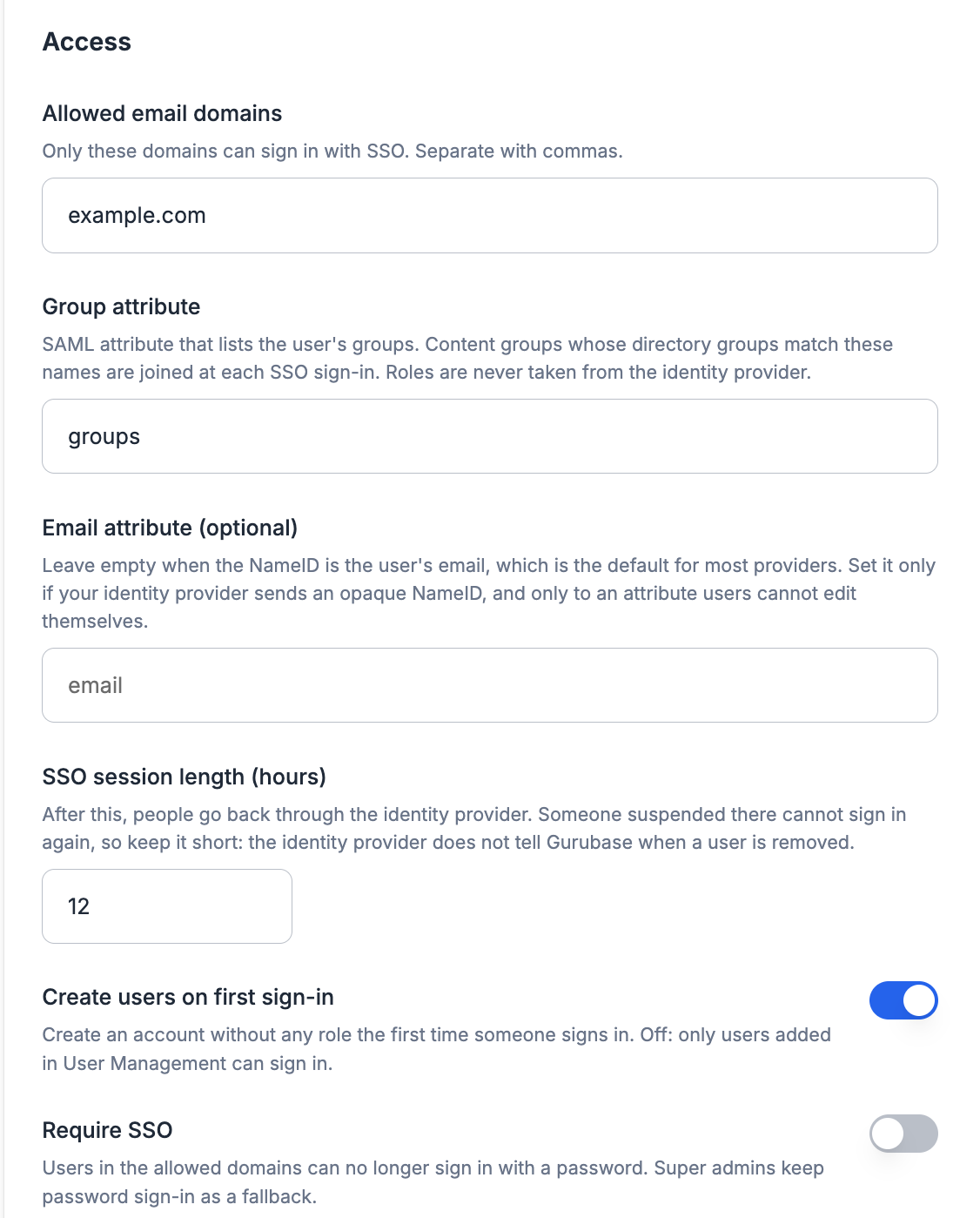 Access settings for single sign-on
