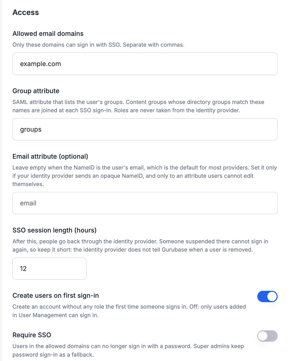 Access settings for single sign-on