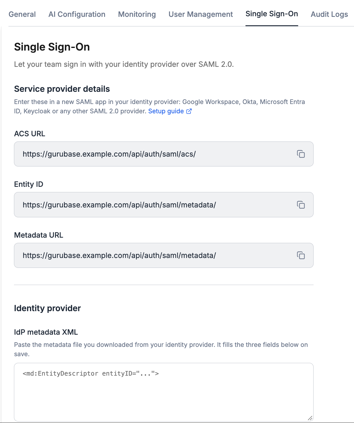 Service provider details in the Single Sign-On settings