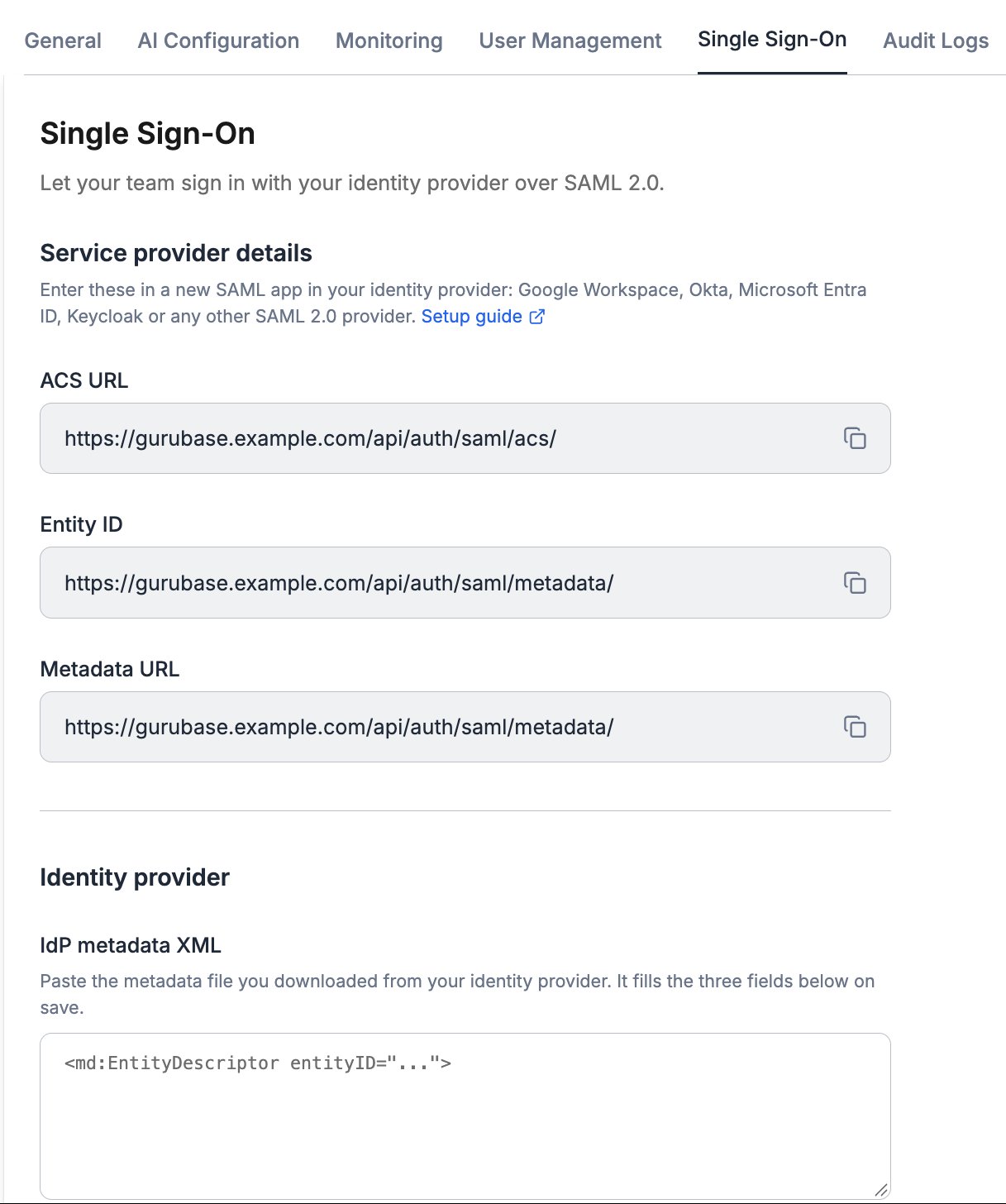 Service provider details in the Single Sign-On settings