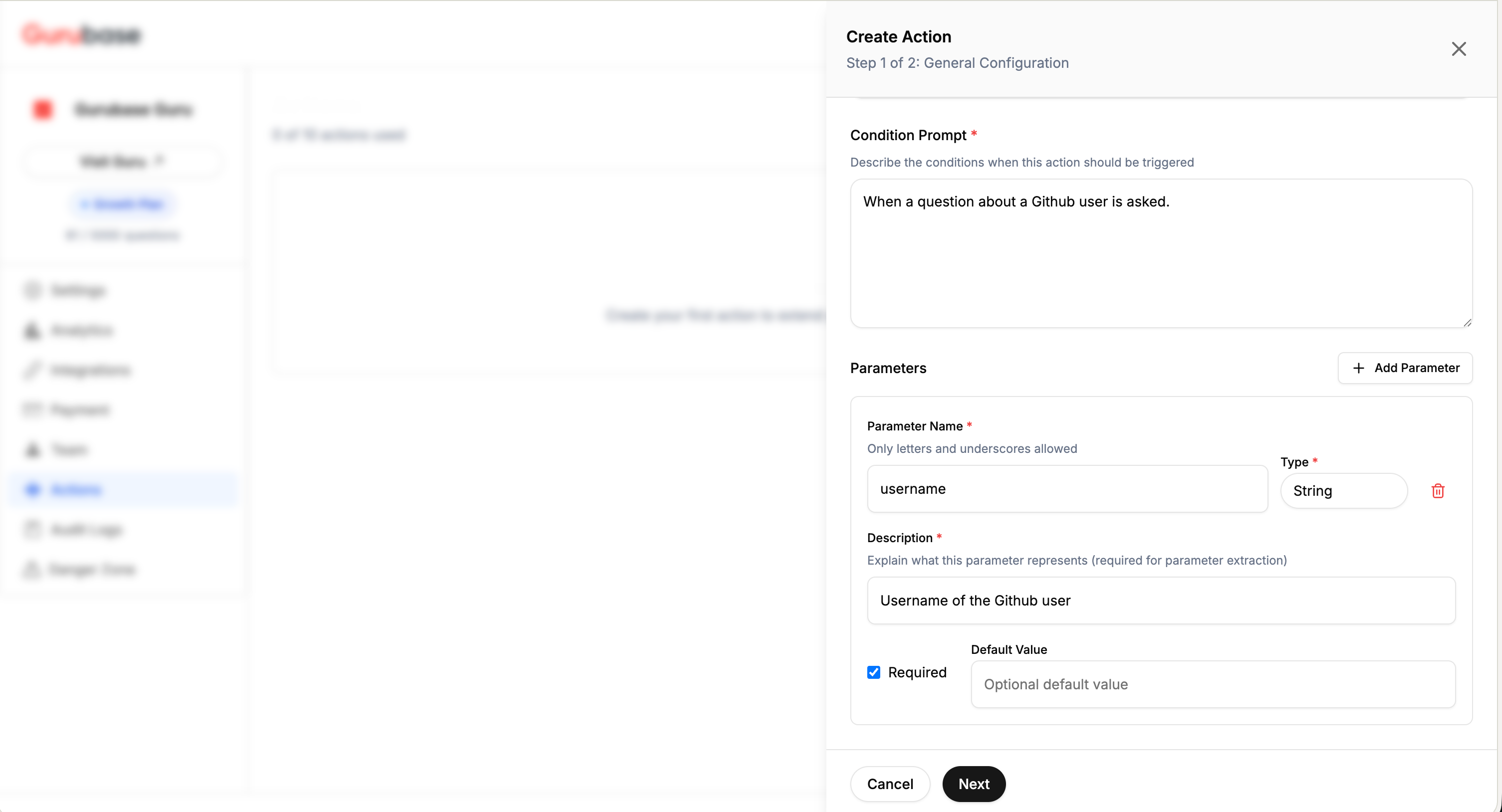 Action Parameters Configuration