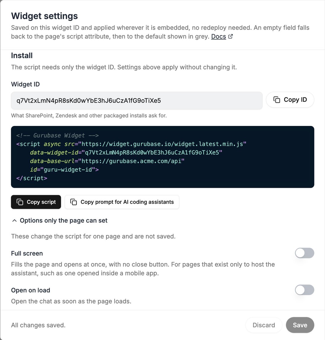 Install section with the Widget ID and script