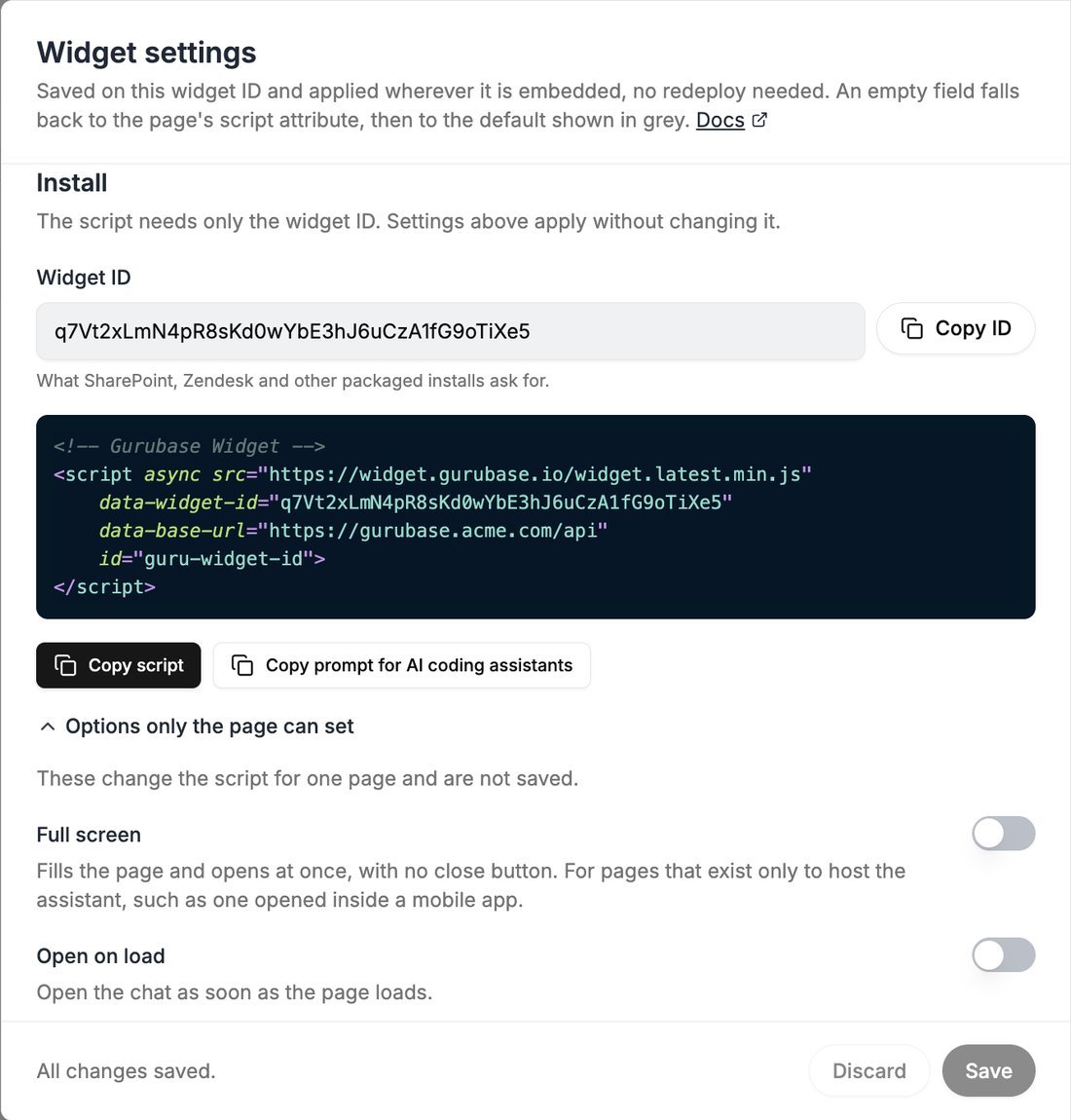 Install section with the Widget ID and script