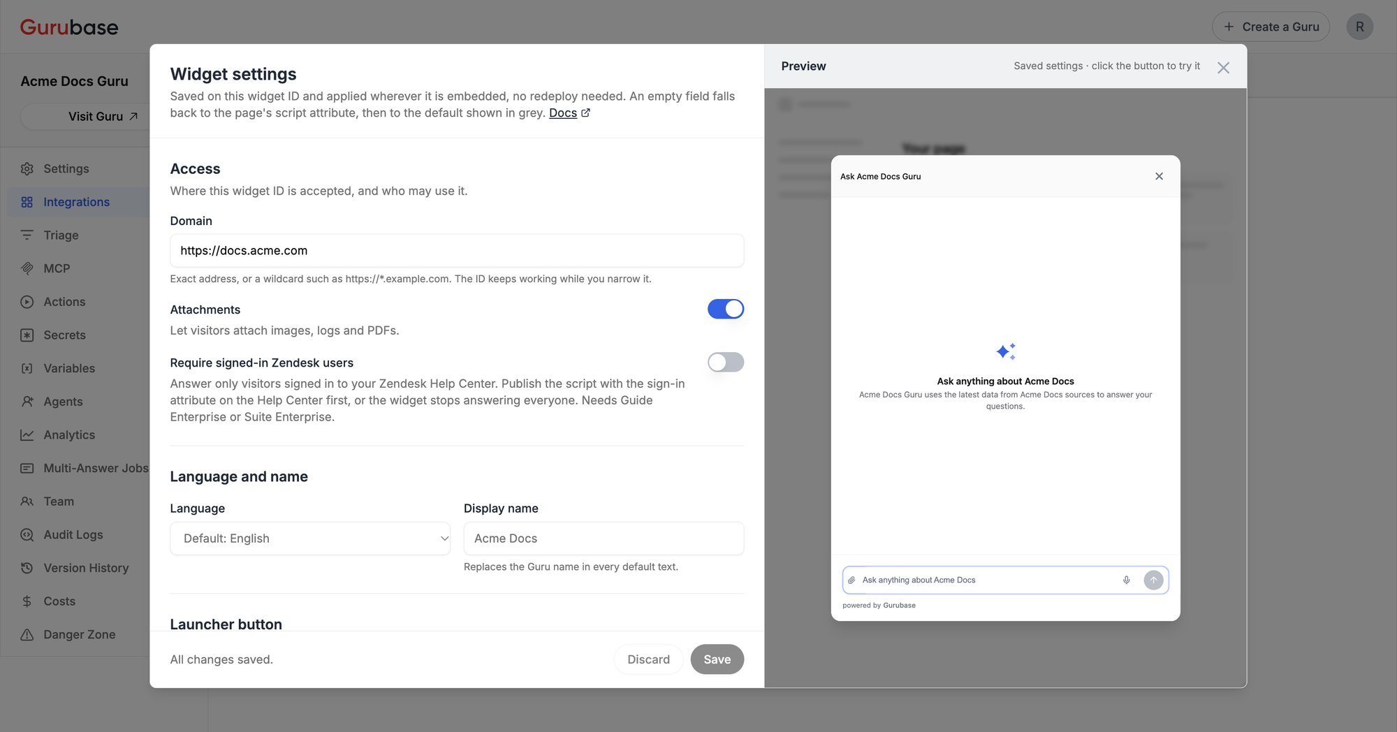Widget settings with live preview