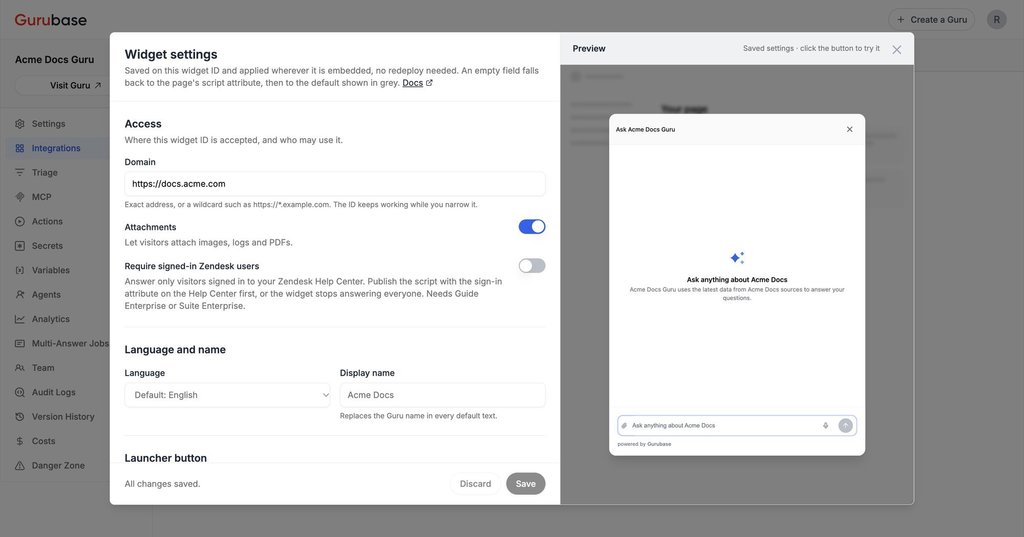 Widget settings with live preview