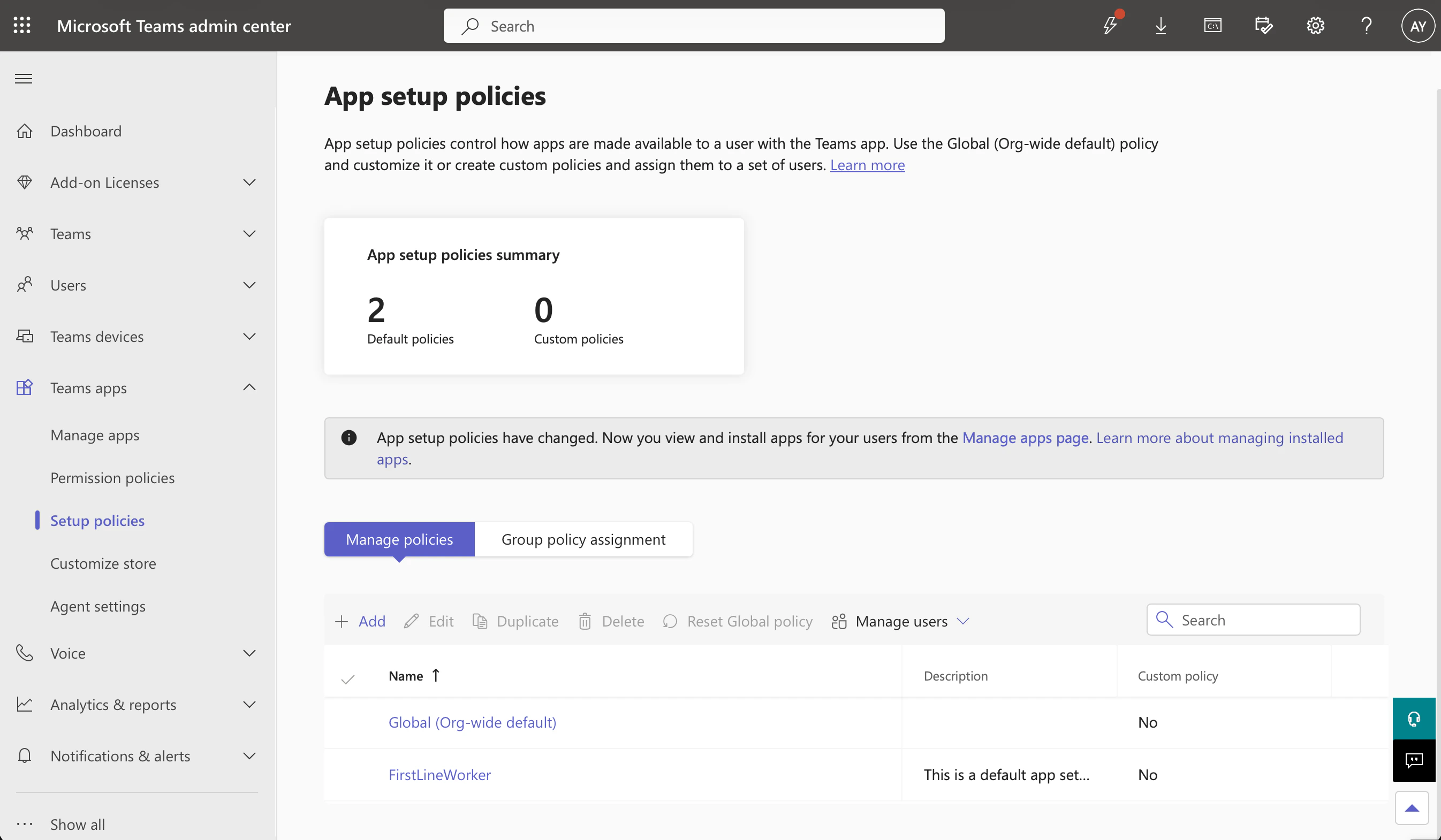 App setup policies