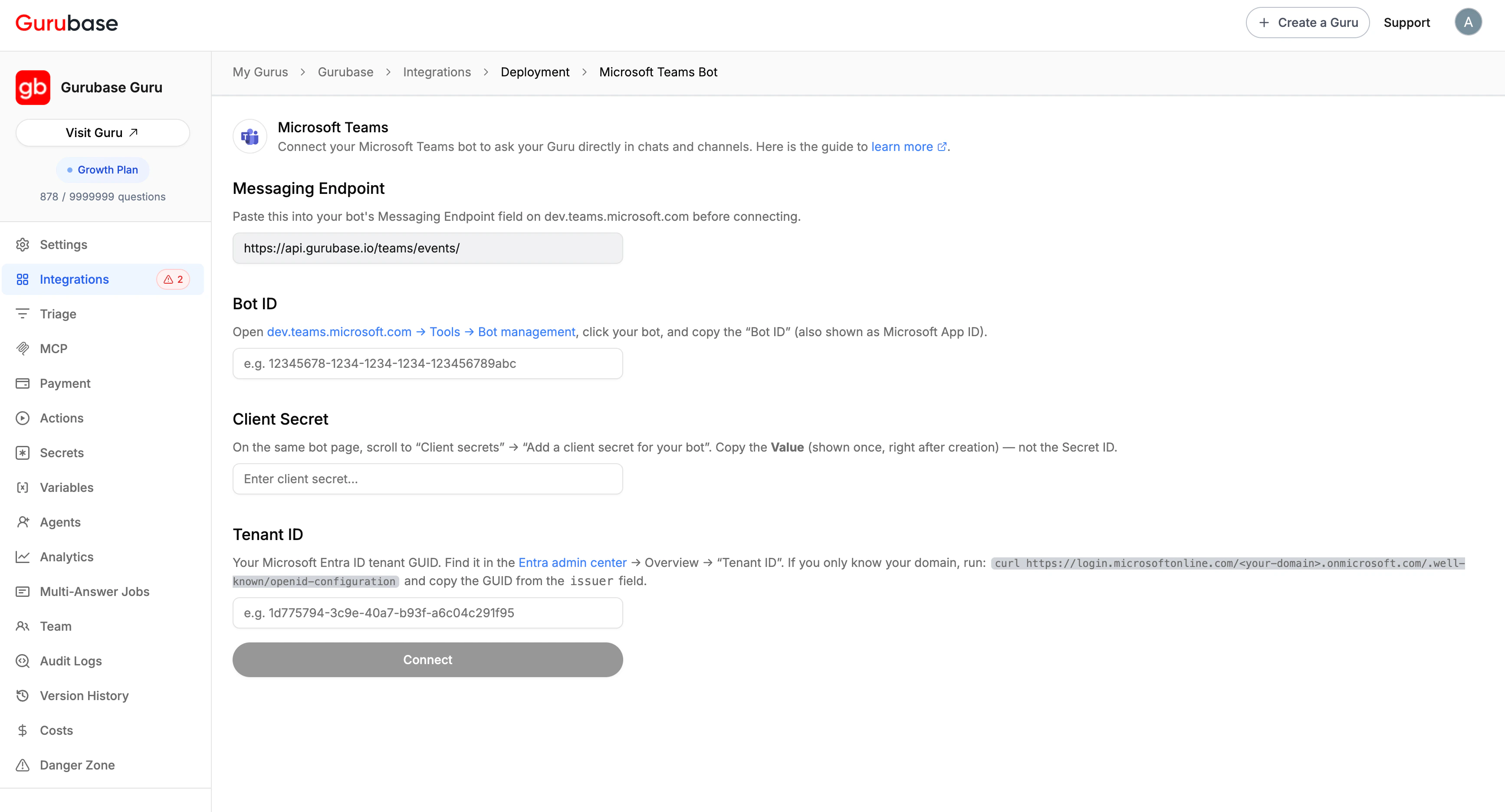 Gurubase Teams integration page
