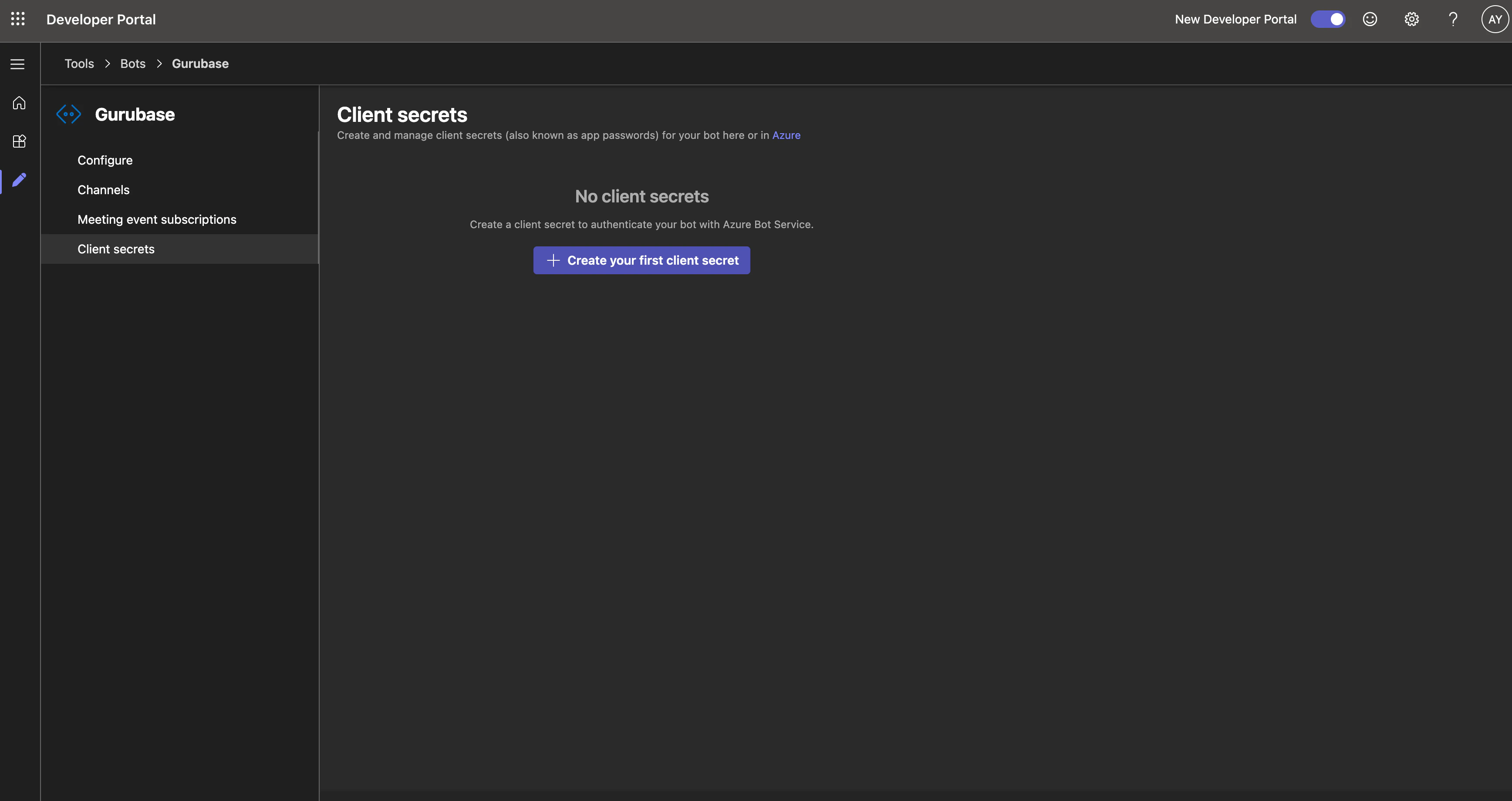 Client secrets screen