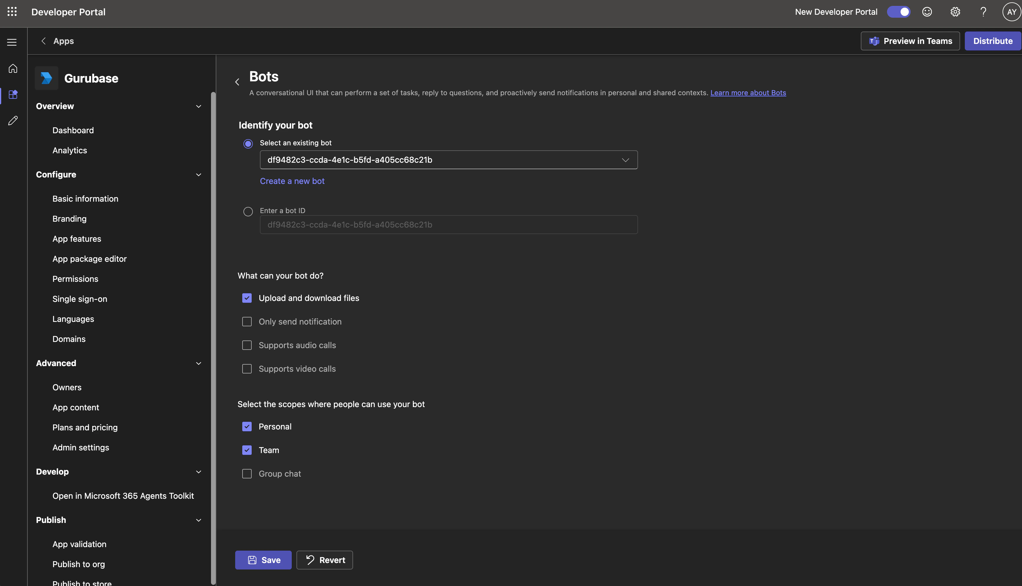 Bot selected in app features
