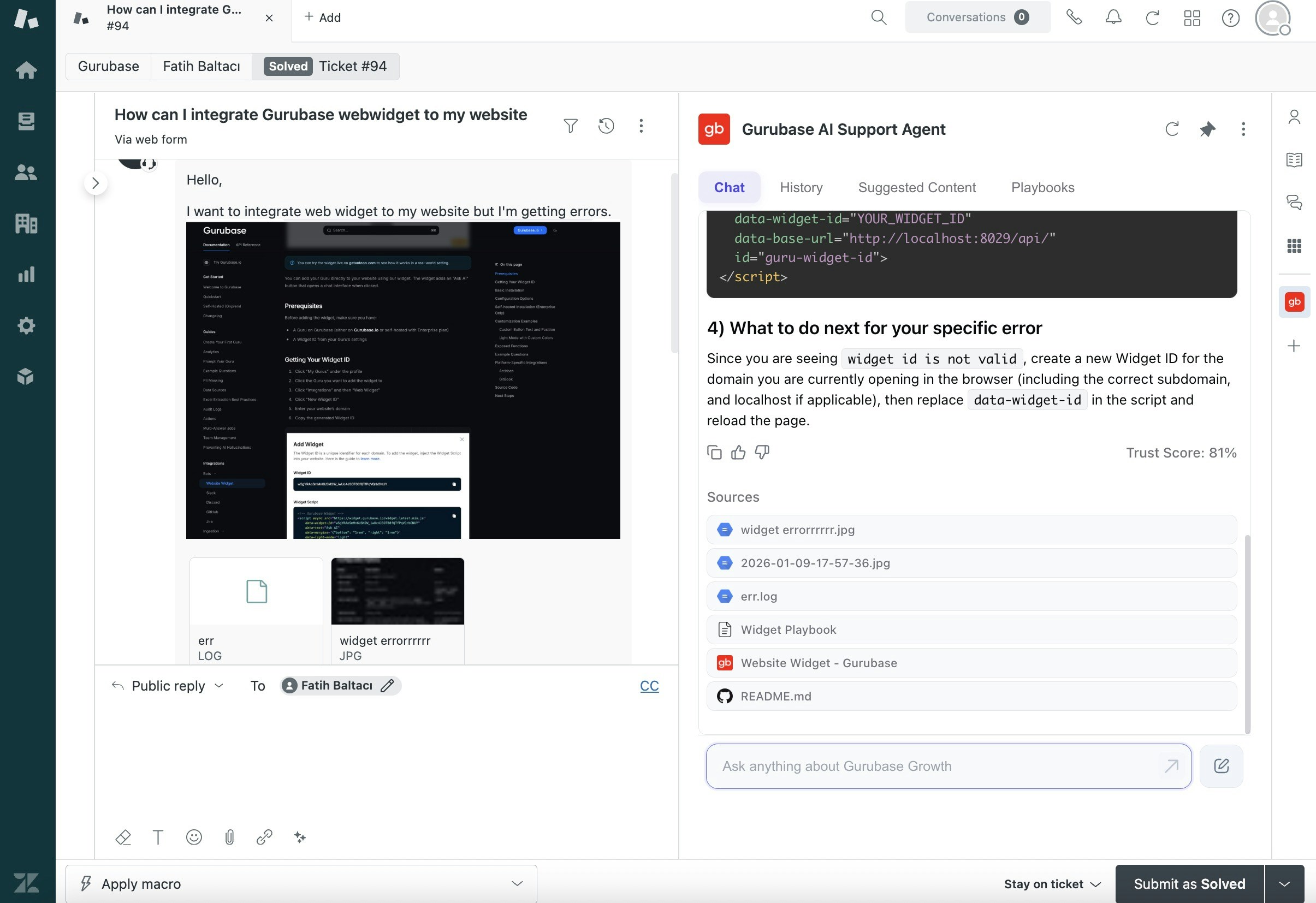 Gurubase Chat Sidebar in Zendesk