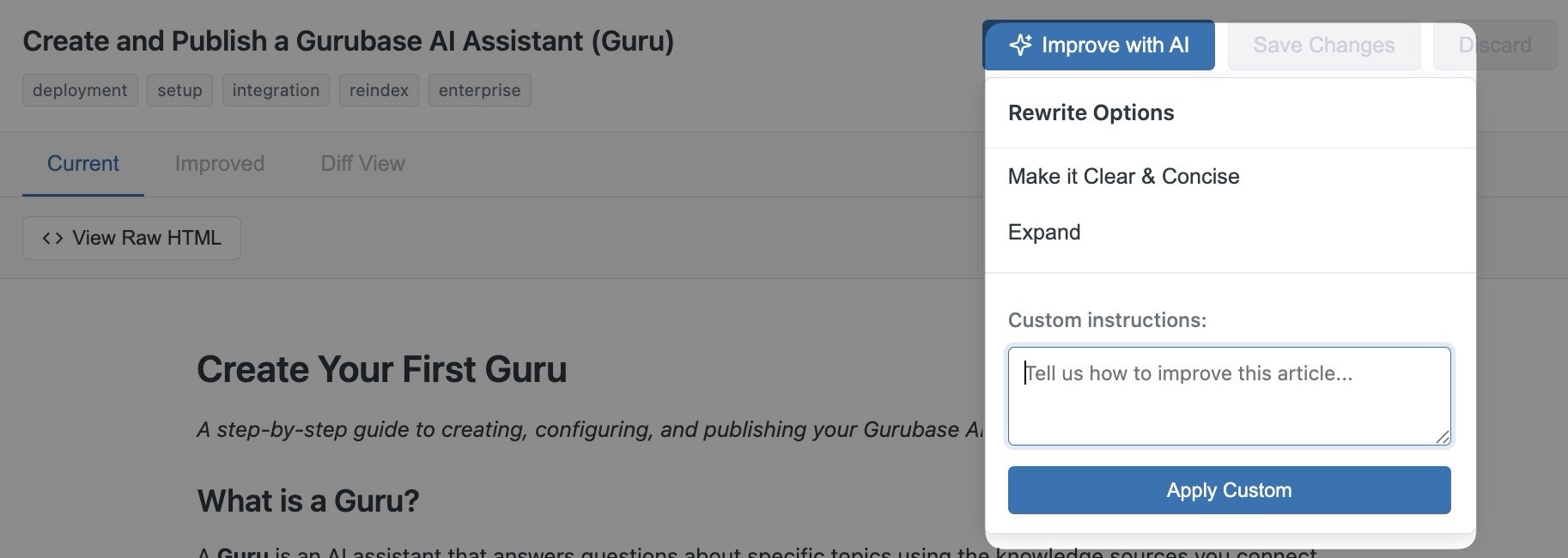 KB Editor Improve with AI dropdown