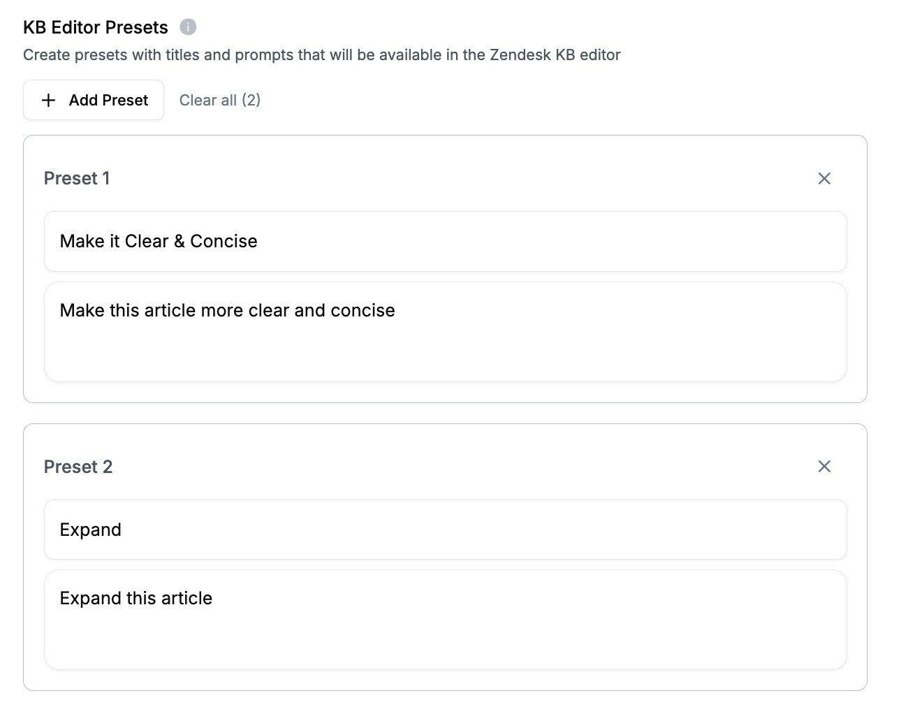 KB Editor Presets configuration