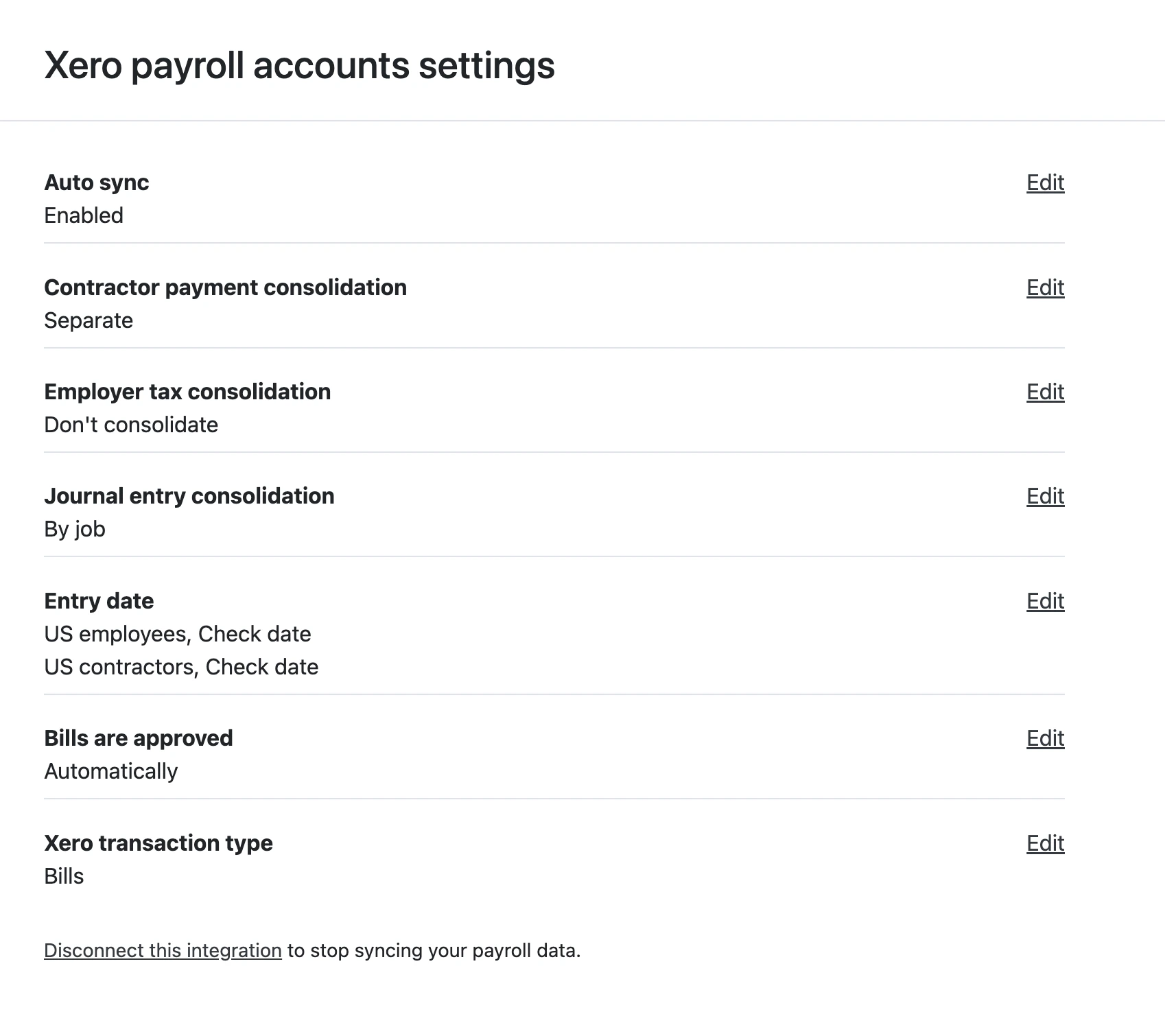 Example view of the account settings page on the Xero accounting integration flow, including options such as how to configure how to consolidate journal entries.