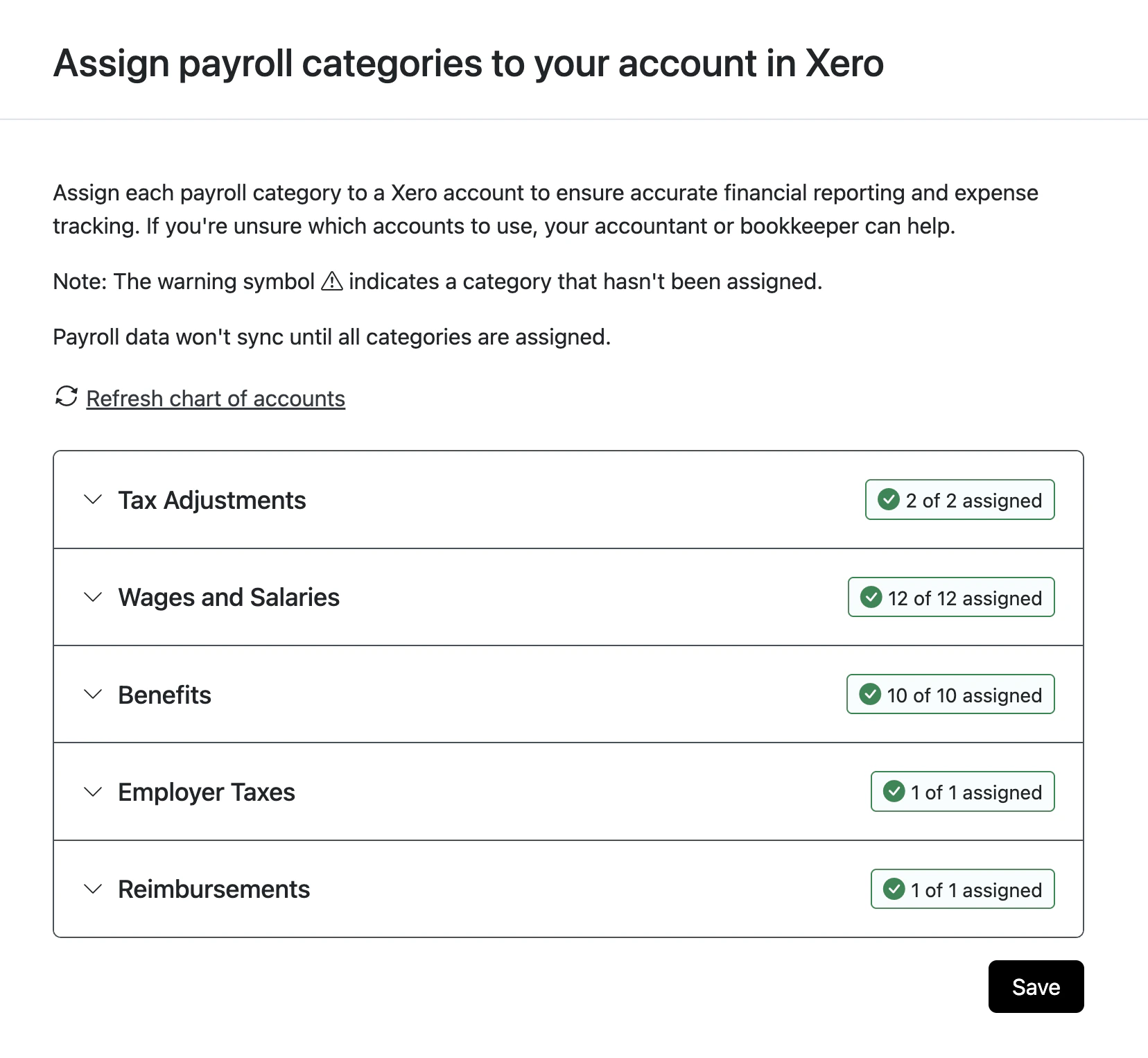 Example view of mappings page on a Xero account integration, showing accounting categories such as Tax adjustments or Benefits and whether they are assigned.